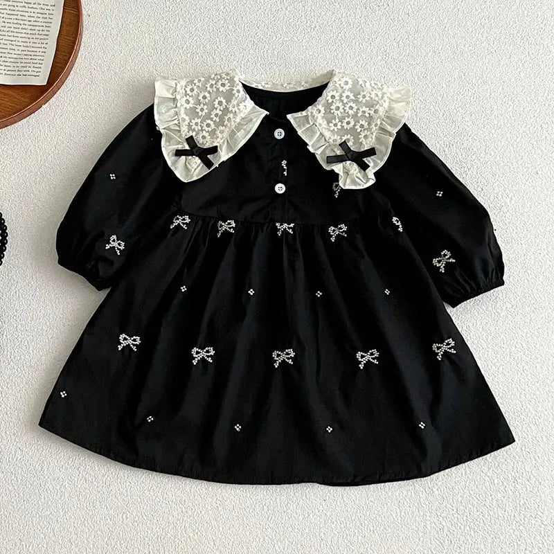 Siyah Fiyonk İşlemeli Elbise ( 3 Lü Çorap + 3 Lü Bandana ) Set bedobee