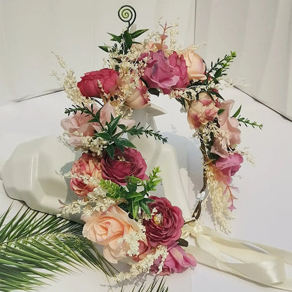 Peony Rose Flower Crown Wreath Handmade Hairbands Wedding Hair Accessories For Women Bridal Bridesmaids Girls Flower Headbands bedobee