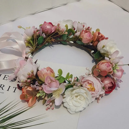 Peony Rose Flower Crown Wreath Handmade Hairbands Wedding Hair Accessories For Women Bridal Bridesmaids Girls Flower Headbands bedobee