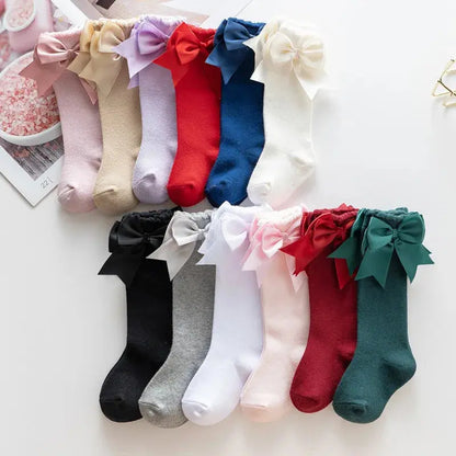 12 Colors Girls Socks Double Bows Cotton Baby Socks Children Soft Baby Long Tube Socks Kids Princess Knee High Socken For 0-7Y bedobee