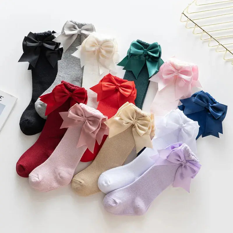 12 Colors Girls Socks Double Bows Cotton Baby Socks Children Soft Baby Long Tube Socks Kids Princess Knee High Socken For 0-7Y bedobee